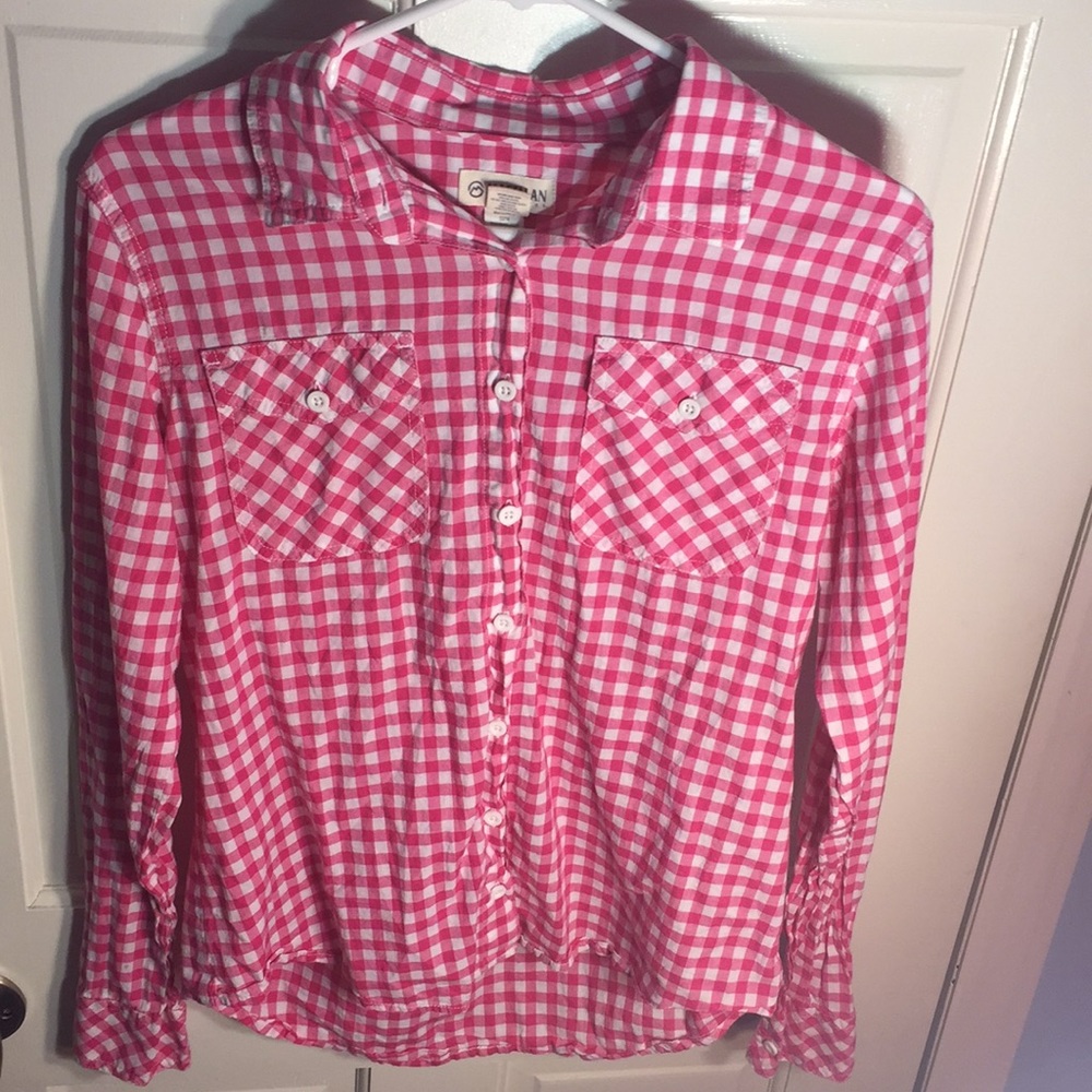 Pink and white checkered button down shirt